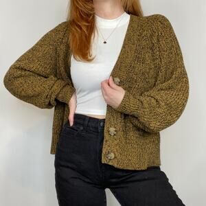 A New Day Large Neutral Brown & Black Semi Cropped Button Front Cardigan Sweater